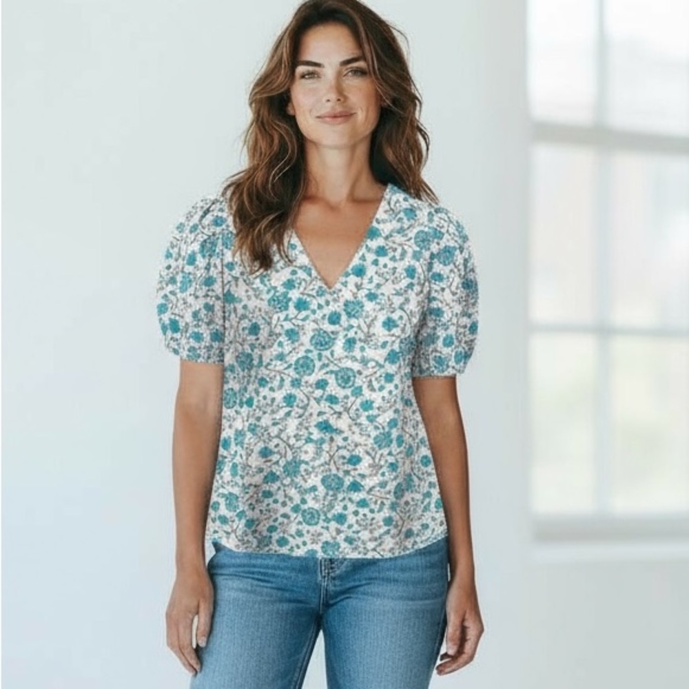 Draper James Women's XS V-Neck‎ Puff Sleeve Blouse Top Blue Floral NWT 9265